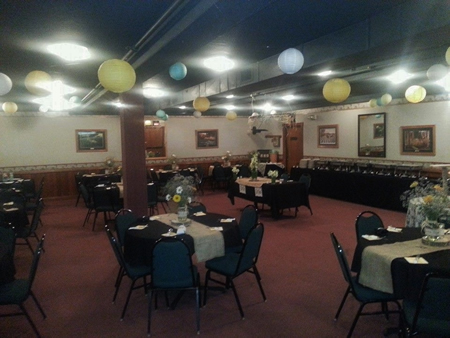 View of buffet table and seating for wedding in the banquet room